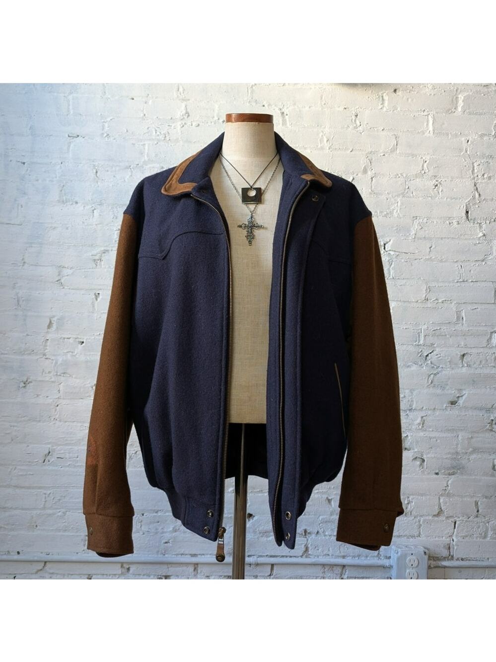 Vintage Navy Wool Leather Bomber Jacket Brown Varsity Western Utility Coat Large